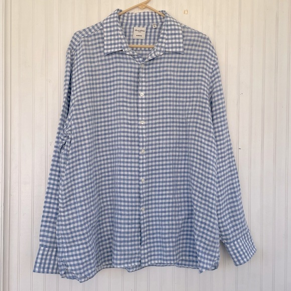 Murano Baird McNutt Men's 100% LINEN Blue White Gingham Plaid Button Down XL - Picture 1 of 7